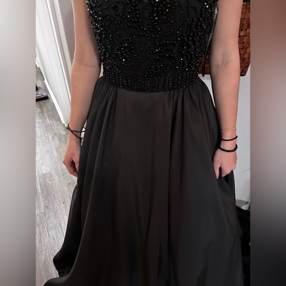 Sherri Hill black satin and crystals formal dress with crinoline. - Picture 3 of 6